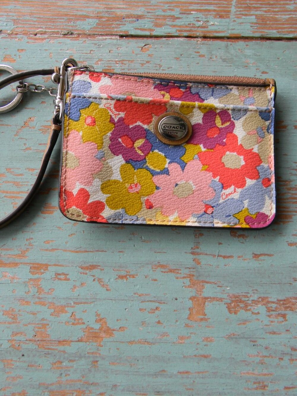 COACH PEYTON FLORAL LEATHER SMALL CARD ID WRISTLET KEYCHAIN ZIP POUCH